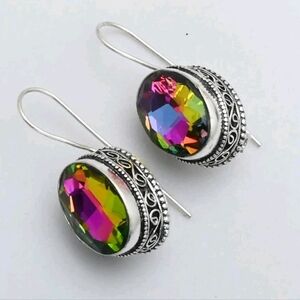 Mystic Topaz Gemstone 925 Sterling Silver Antique Design Drop Dangle Earrings